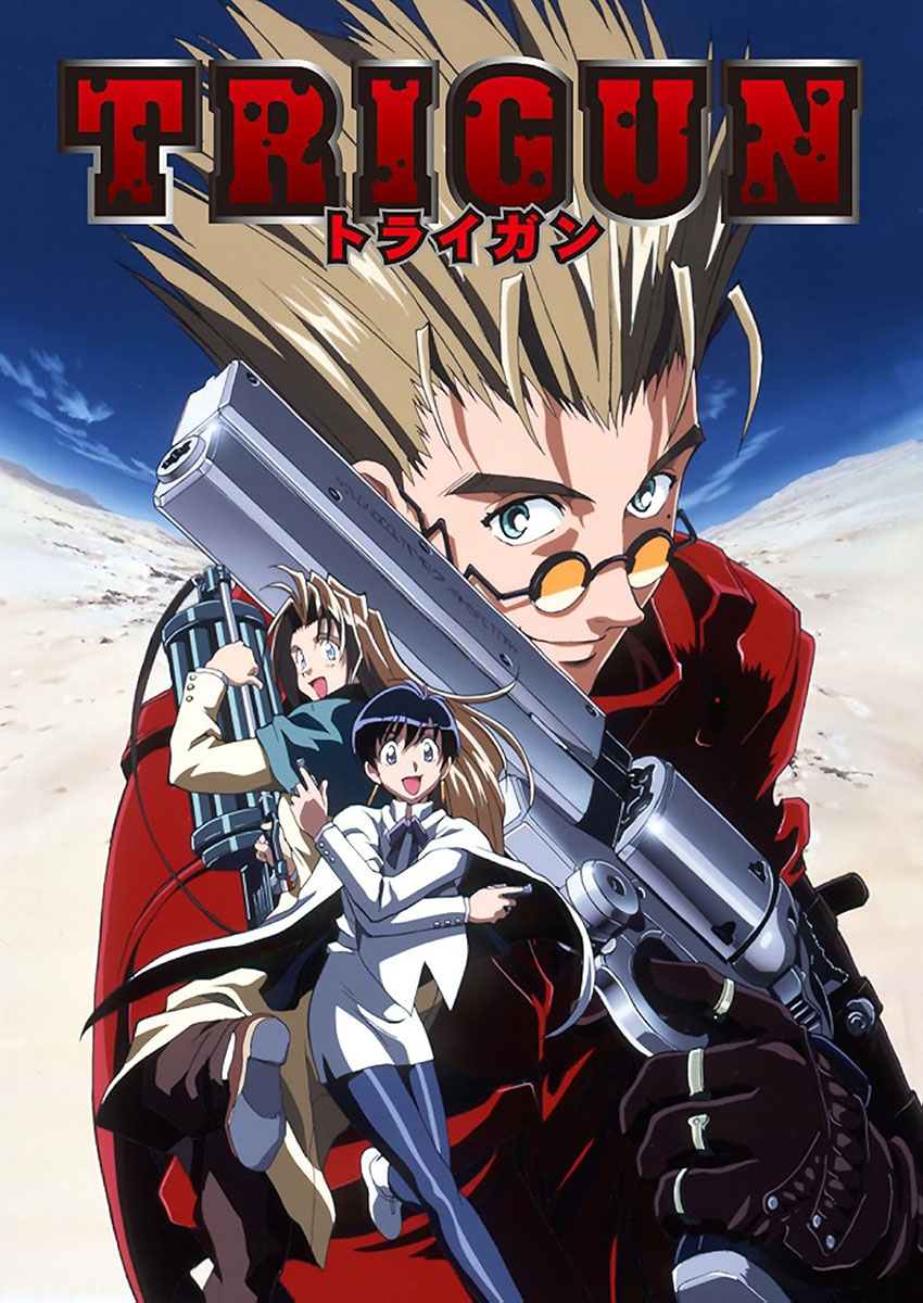 Illustrative artwork of Trigun styled anime characters in a desert setting.